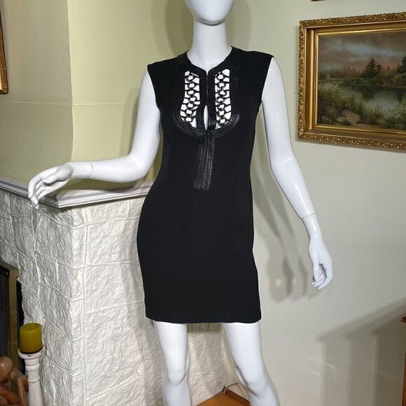 John Richmond Silk & Leather LBD Little Black Mini Dress - Picture 4 of 16